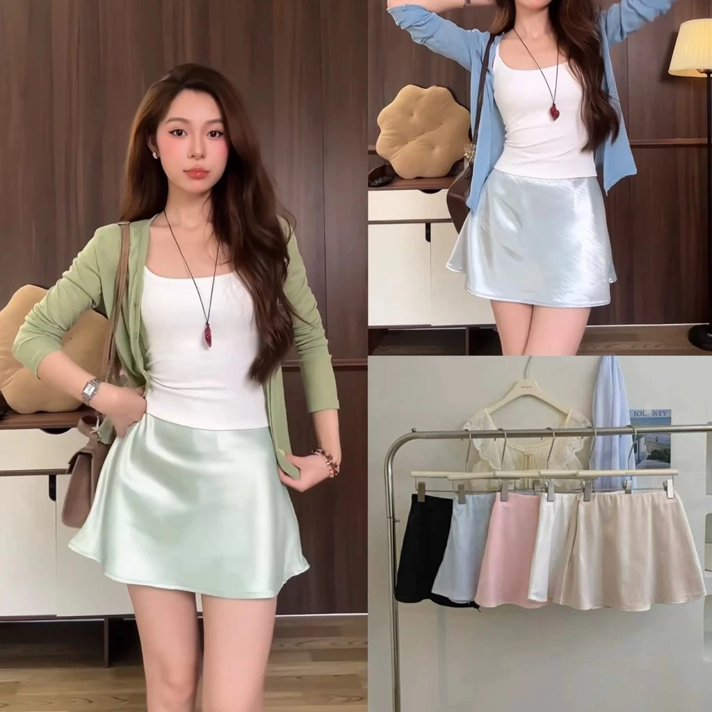 (Sẵn Hàng) Chân Váy Lụa Dáng A xoè nhẹ hàng 2 lớp CAMI TOP SKIRT có quần bảo hộ