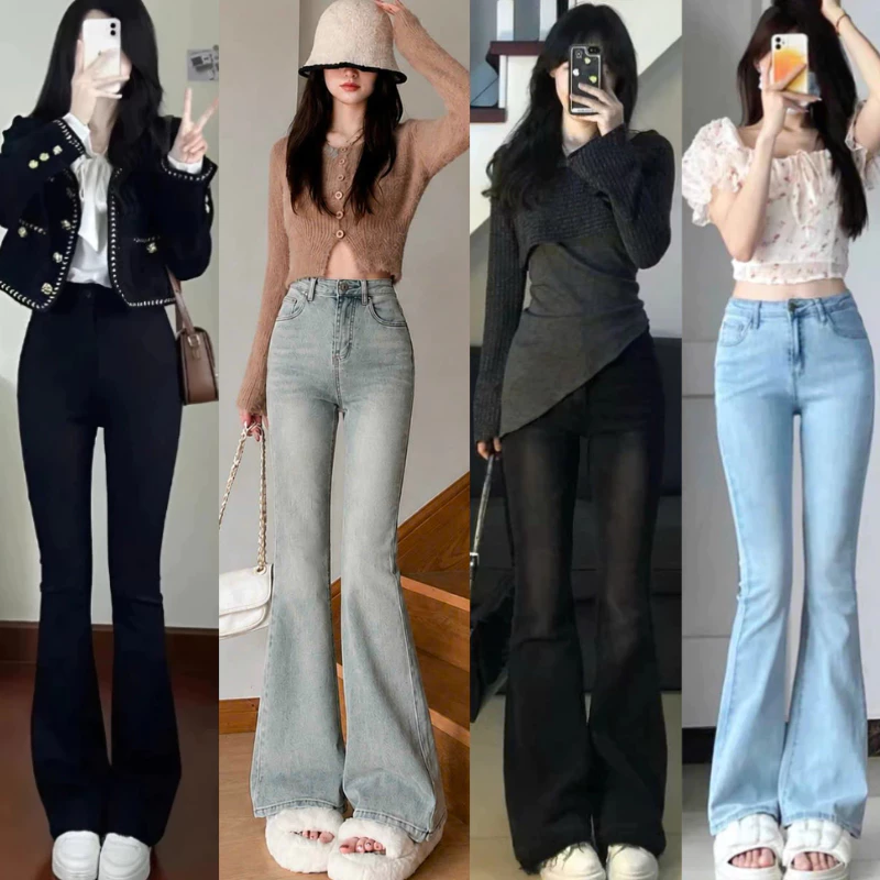 Quần Jeans Nữ Ống Loe Renhouse Lưng Cao Màu Đen Wash RETRO Chất Dày Dặn Co Giãn Tốt cạp cao ôm eo gọn chân
