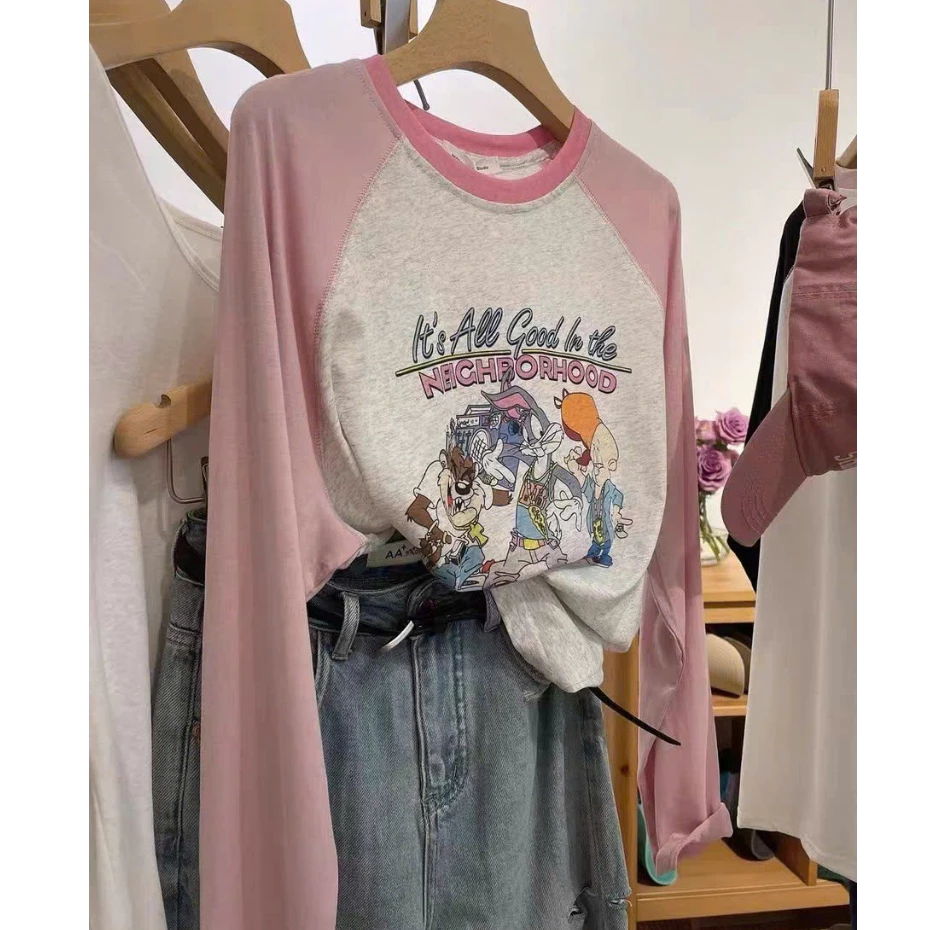 ANHSTORE , Áo thun dài tay phối màu tương phản chất thun cotton , phom rộng cá tính