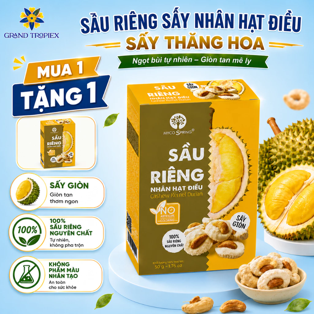 Sầu riêng sấy Nhân hạt điều sấy thăng hoa - Giòn rụm siêu ngon 100% sầu riêng nguyên chất - Túi 50