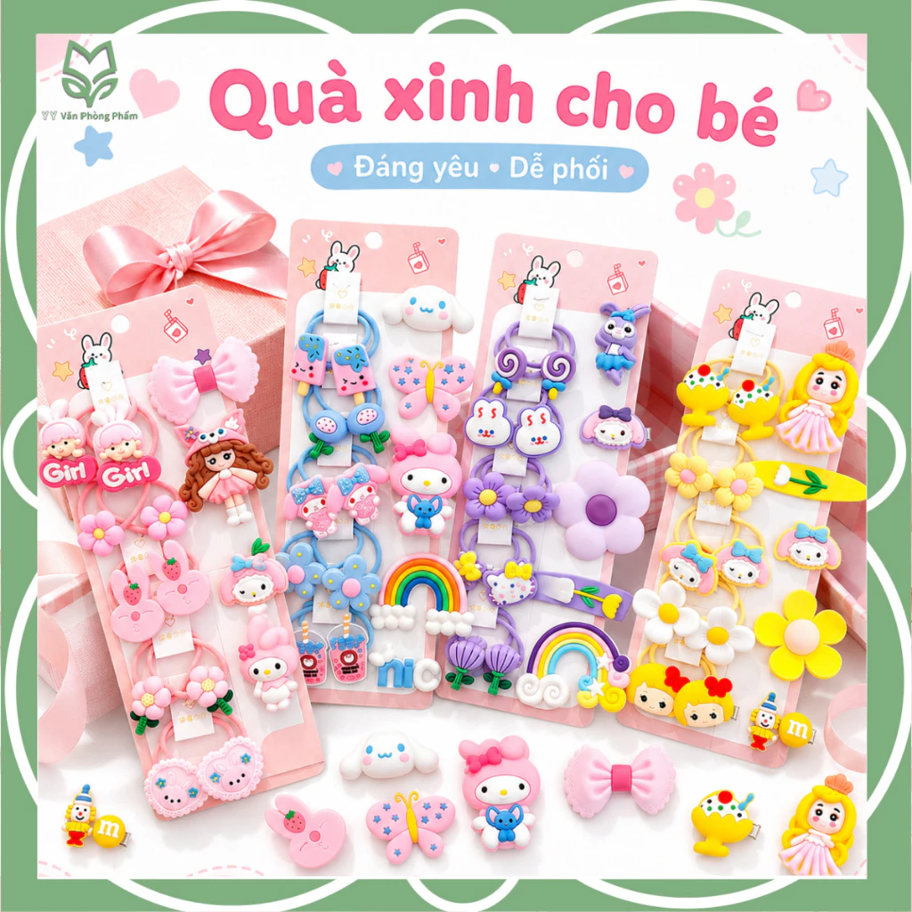 Set 15 Món Kẹp Tóc Trẻ Em Dễ Thương, Dây Buộc Tóc Bé Gái Hình Hoa Nơ Cầu Vồng Công Chúa Siêu Xinh