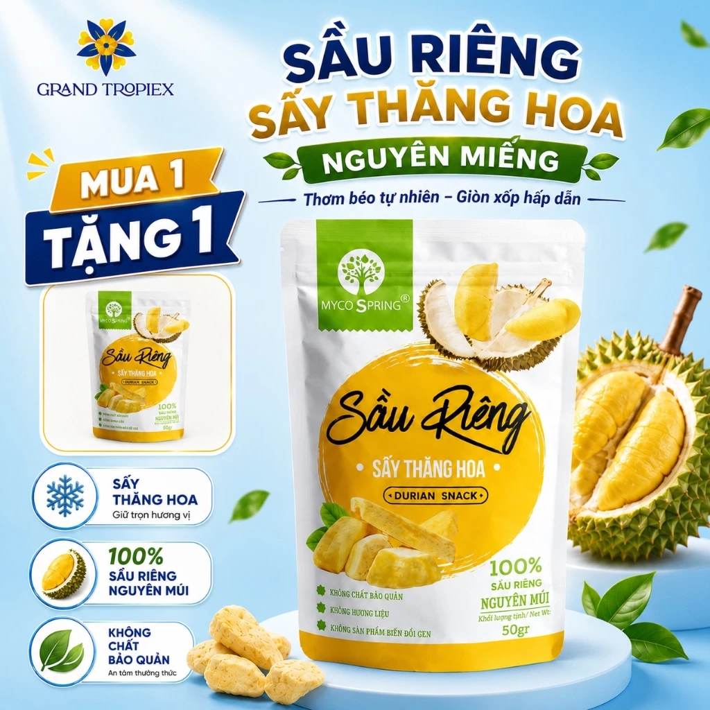 Sầu riêng sấy Nguyên miếng sấy thăng hoa - Giòn rụm siêu ngon 100% sầu riêng nguyên chất - Túi 50g (MUA 1 TẶNG 1)