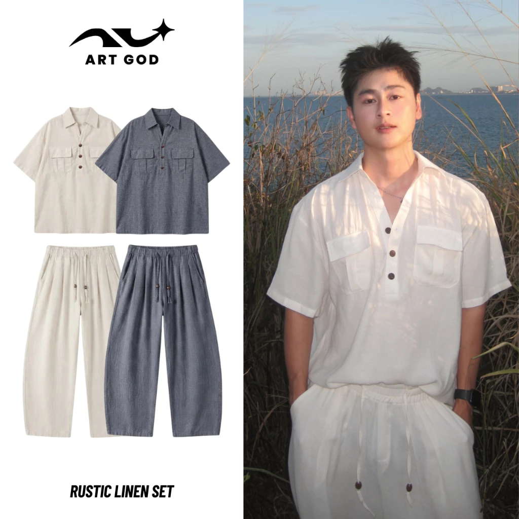 Combo Set Bộ Linen Premium Gồm Sơ Mi Túi Ngực Cài Khuy, Quần Dài Ống Rộng Dây Rút ARTGOD HMB08