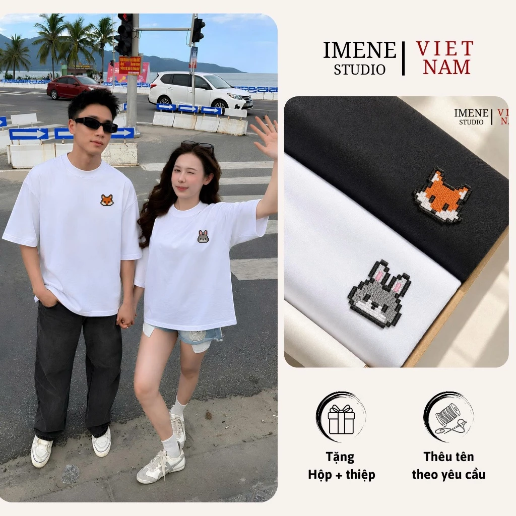 Áo thun thêu cặp đôi nam nữ, áo thun couple, áo phông nữ thêu hình cáo thỏ chất cotton chuẩn xịn IM30