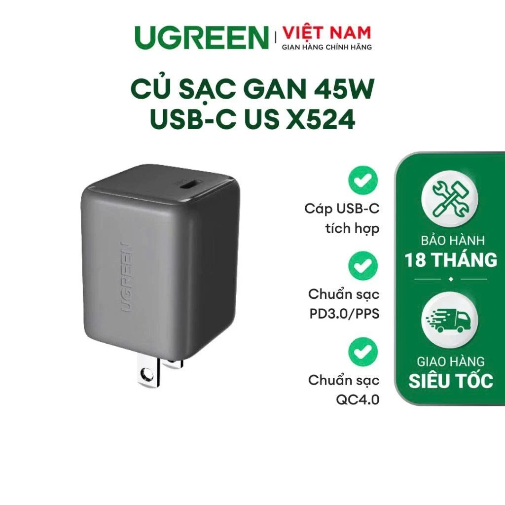 Củ sạc nhanh 45W Ugreen X524/X527/X614 | Sạc nhanh cho dòng iPhone 17 Pro Max | Công nghệ GaN |Bảo hành 18 tháng 1 đổi 1