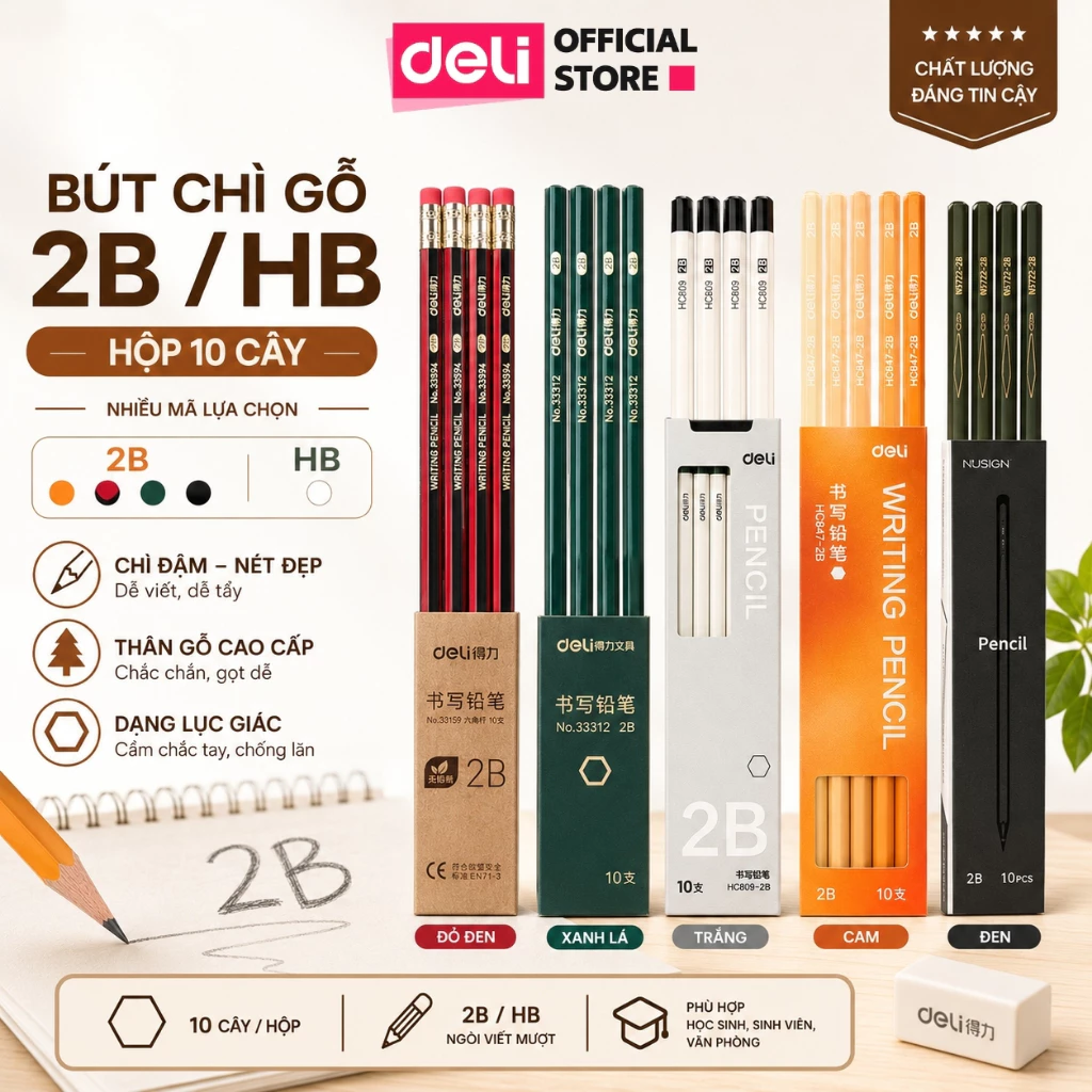 Hộp 10 bút chì lục giác Deli 2B/HB, bút chì gỗ đen an toàn dễ gọt phù hợp với học sinh