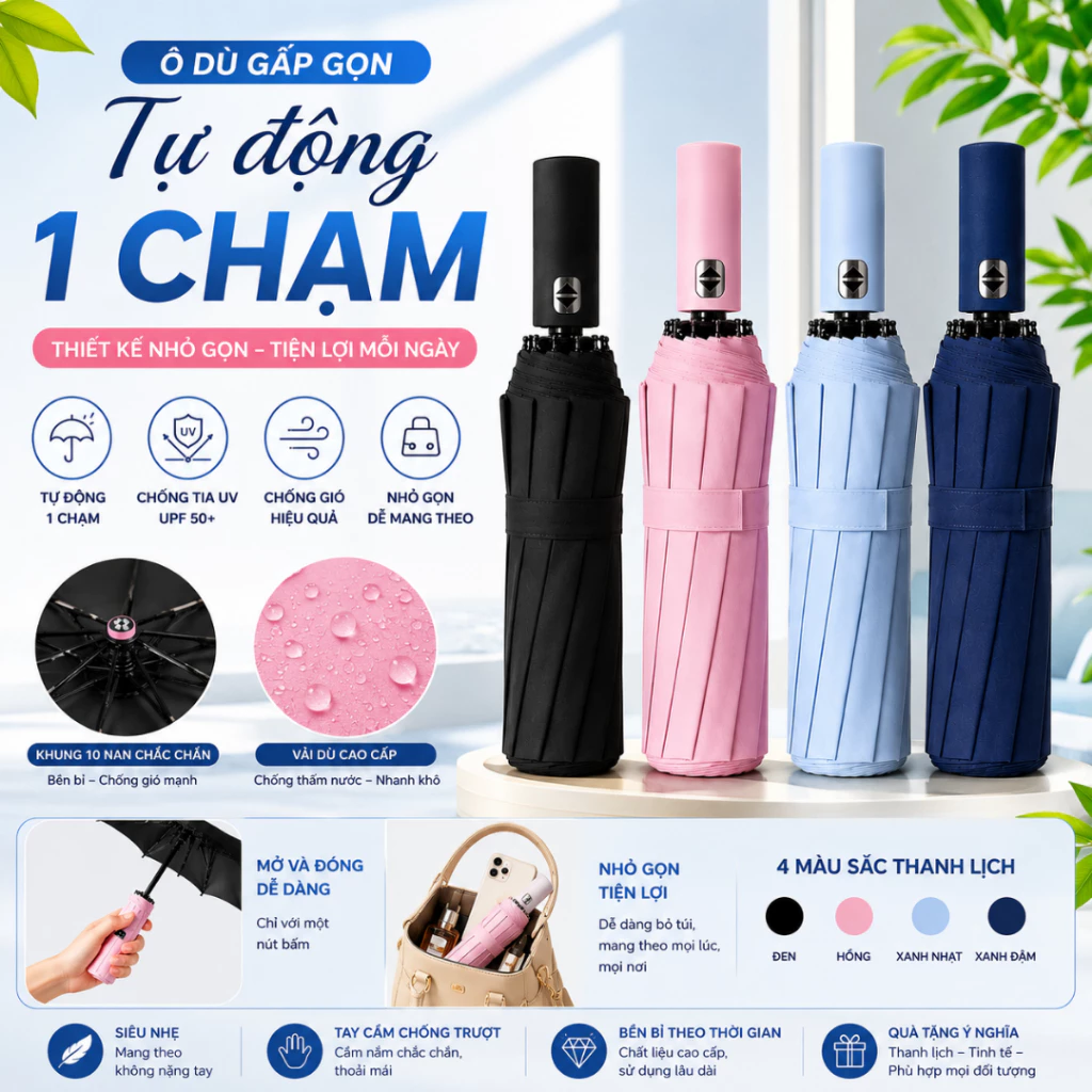 Ô Dù Gấp Gọn Tự Động 2 Chiều, Dù Cầm Tay 2 Lớp Chống Tia UV, Che Mưa Chống Nắng Tiện Lợi
