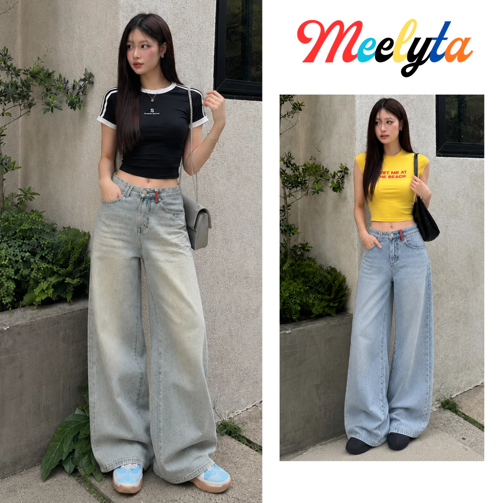 Quần Jean Suông Phối Line đỏ Ống Rộng 27-30cm, Quần Bò Ống Suông Nữ Cạp Cao Siêu Tôn Dáng