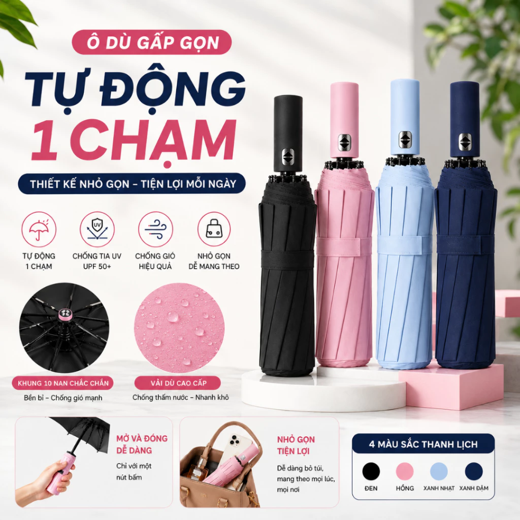 Ô Dù Gấp Gọn Tự Động 2 Chiều, Dù Che Mưa Chống Nắng Cầm Tay 2 Lớp Chống Tia UV Cao Cấp
