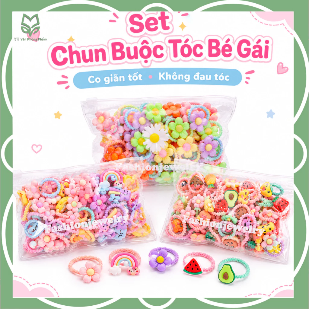 Set Phụ Kiện Tóc Bé Gái Dễ Thương, Chun Buộc Tóc Co Giãn Tốt Hình Hoa Cúc Dâu Tây Bơ Hoạt Hình