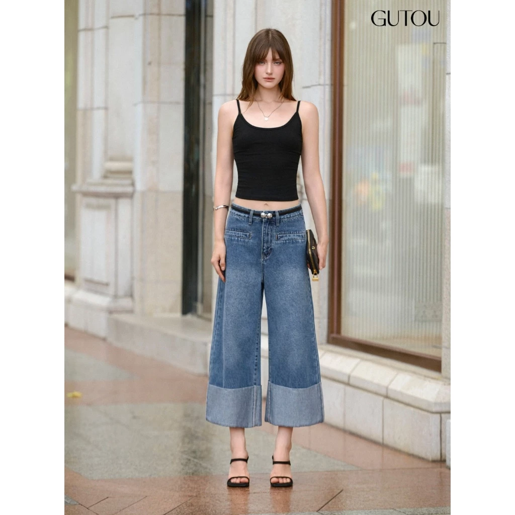 [ GUTOU ] Quần Jean Suông Lai Gập Túi Kiểu Casual Streetwear G290