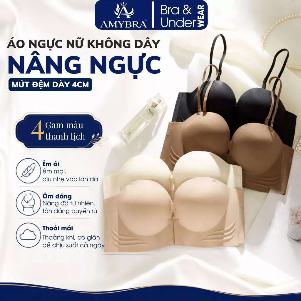 Áo Ngực Không Dây Cài Trước Mút Đệm Dày 5Cm Siêu Nâng Ngực Bản To Che Mỡ Thừa Kèm Dây Áo AMYBRA A806