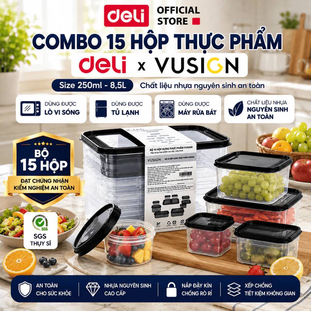 Combo 2 bộ 15 hộp đựng thực phẩm DELI VUSIGN đủ size 250 - 8500ml dùng được lò vi sóng tủ lạnh
