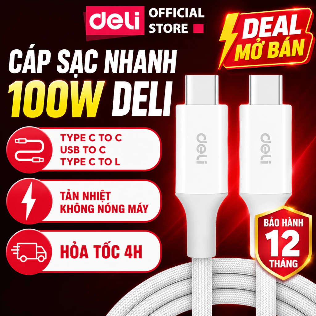 Dây Cáp Sạc Nhanh DELI PD 100W 20W Nối Đầu C-C USB-C-L Đầu Sạc Nhanh Hỗ Trợ Truyền Dữ Liệu 480Mbps