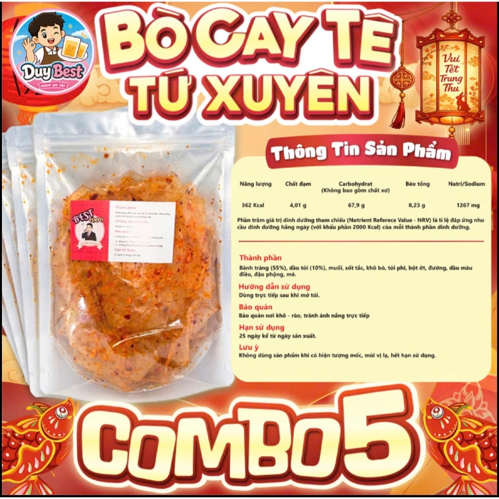 (Độc Quyền)  Bánh Tráng Bò Cay TỨ XUYÊN Duy Best COMBO-5 BỊCH