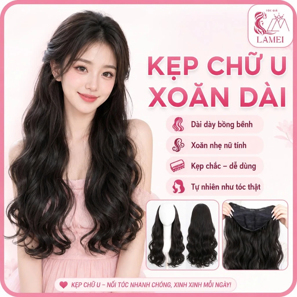 Tóc Giả Kẹp Chữ U Xoăn Dáng Dài Sợi Tơ Cao Cấp Làm Dày Phồng Tóc 60cm