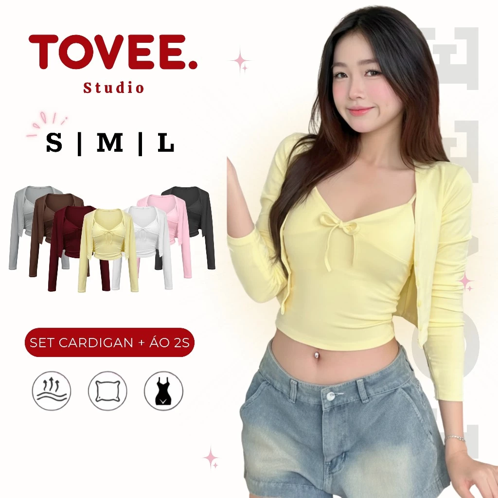 SET CARDIGAN DÁNG NGẮN Kèm Áo Hai Dây Chất Borip Lụa SET12, Set Nữ Trơn Thắt Nơ Ôm Body TOVEE