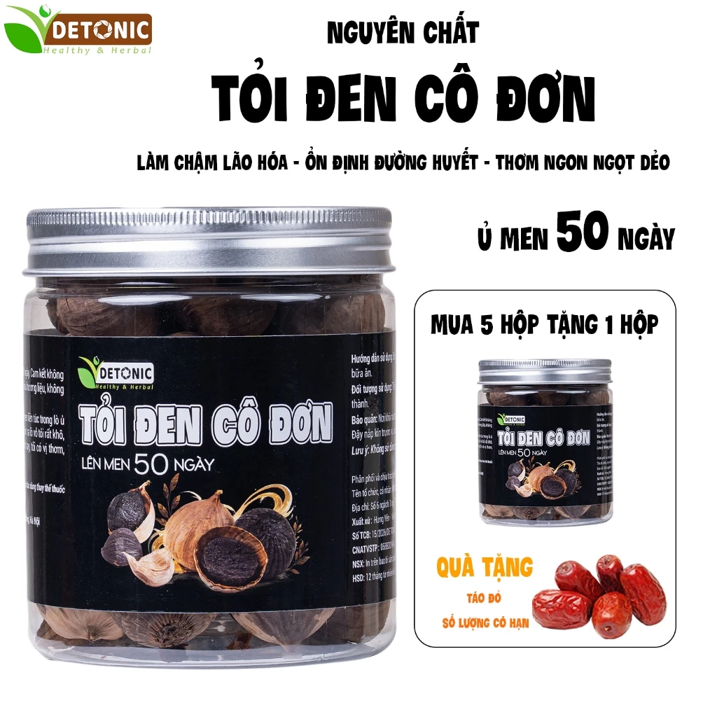 Tỏi đen DETONIC củ to tròn đều, vị ngọt mùi thơm, độ dẻo mềm ăn ngon lên men tự nhiên 50 ngày, hộp đựng 250g