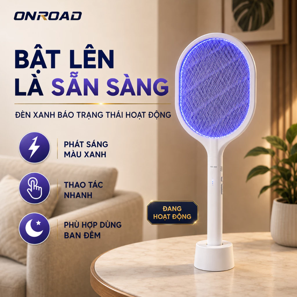 ONR Vợt Muỗi Điện Sạc 2500V, Công Tắc Kép An Toàn, Lưới Phát Sáng, Kèm Đế Đặt Bàn, Bảo Hành 12 Tháng