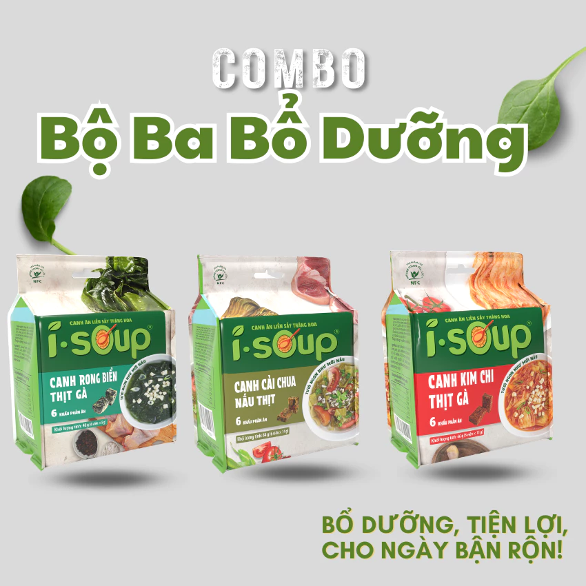 Bộ 3 Canh ăn liền I.SOUP bổ dưỡng: Canh Rong Biển, Canh Cải Chua, Canh Kim Chi Thịt Gà