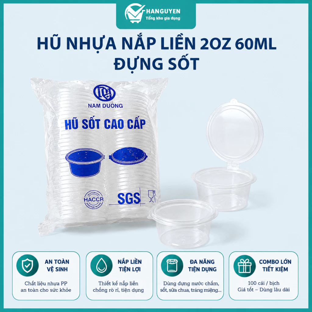 Set 100 hũ sốt nhựa nắp liền 2oz 60ml, hộp đựng nước chấm, sốt, sữa chua, pudding dùng một lần