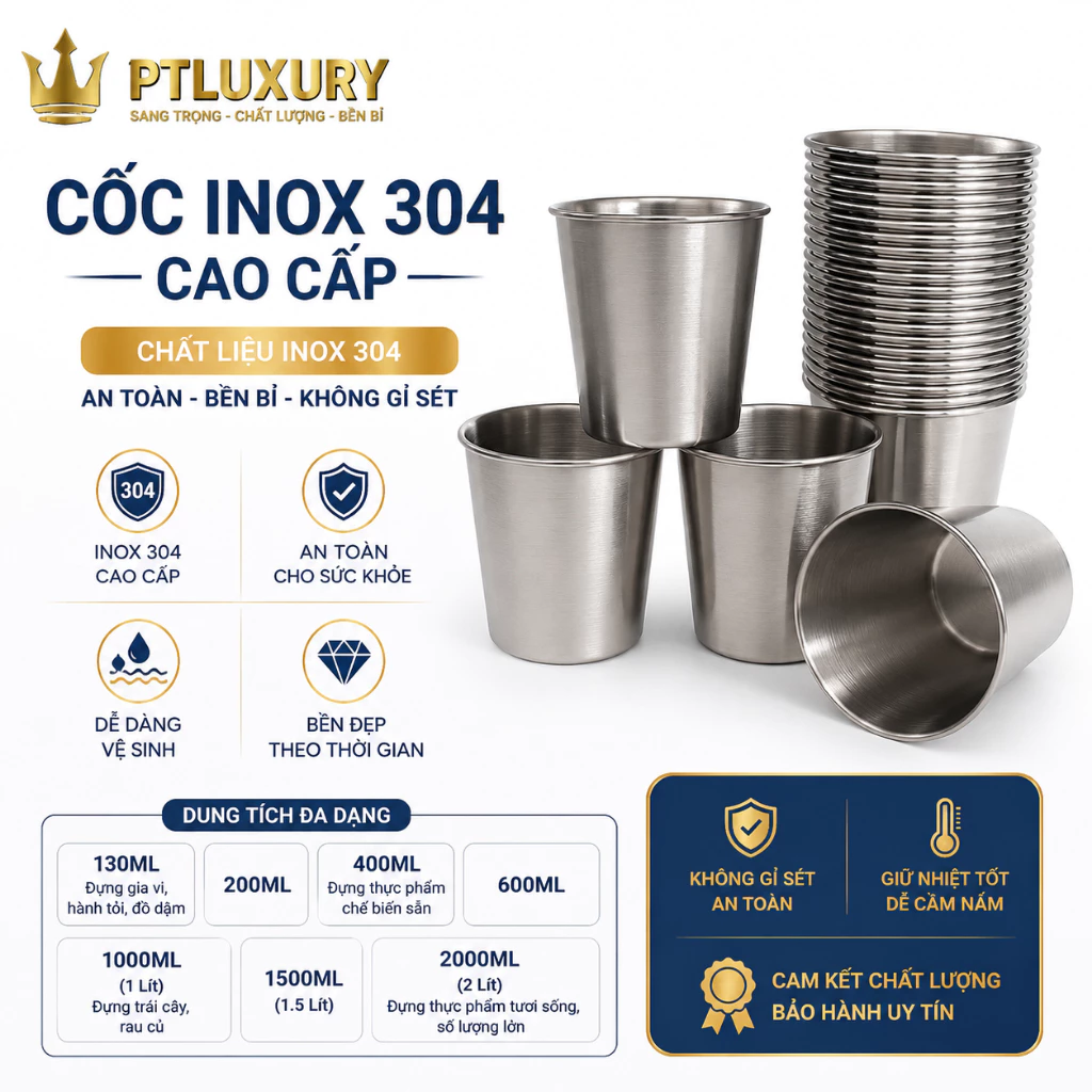 Cốc , Ly Inox Không Gỉ Dày Dặn Cốc Uống Nước An Toàn Dùng Hằng Ngày -  PTLUXURY