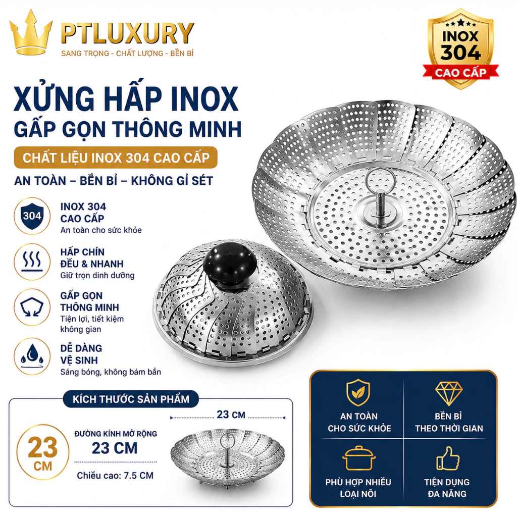 Khay Hấp 23 CM Chất Liệu Inox Xếp Gọn Đa Năng Tiện Lợi - PTLUXURY