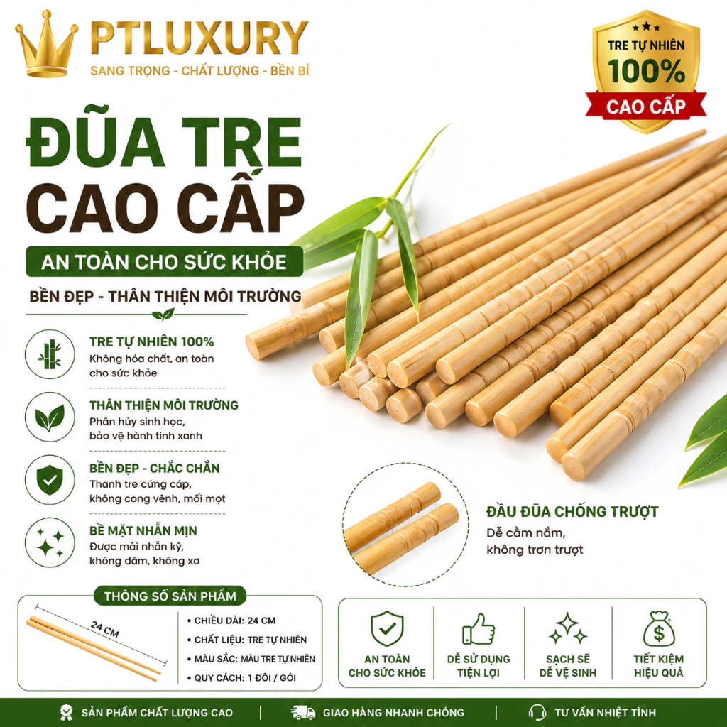 [ COMBO 50 ĐÔI ] Đũa Tre Già PTLUXURY 7 Đốt An Toàn  Thân Thiện Với Môi Trường