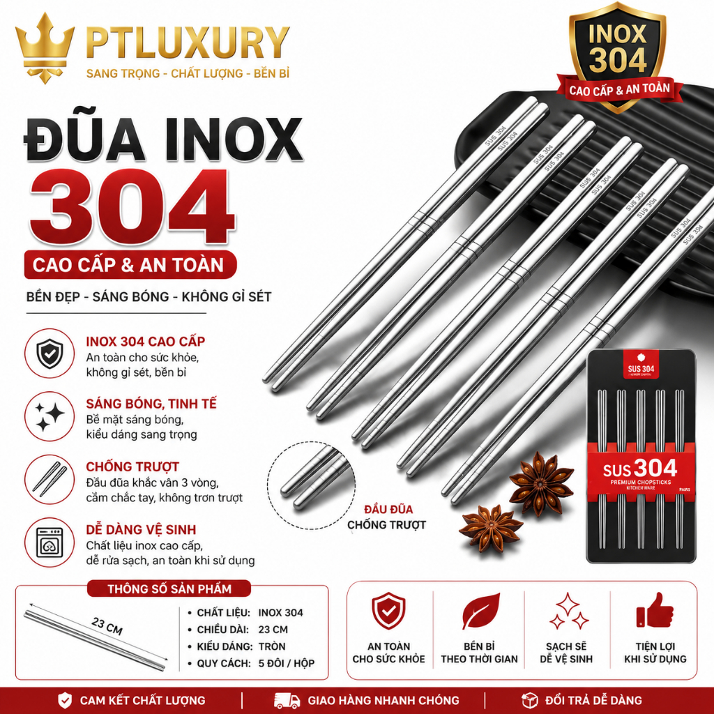 Đũa Inox 304 Cao Cấp Chống Trơn Trượt Cách Nhiệt Hiệu Quả An Toàn Vệ Sinh…