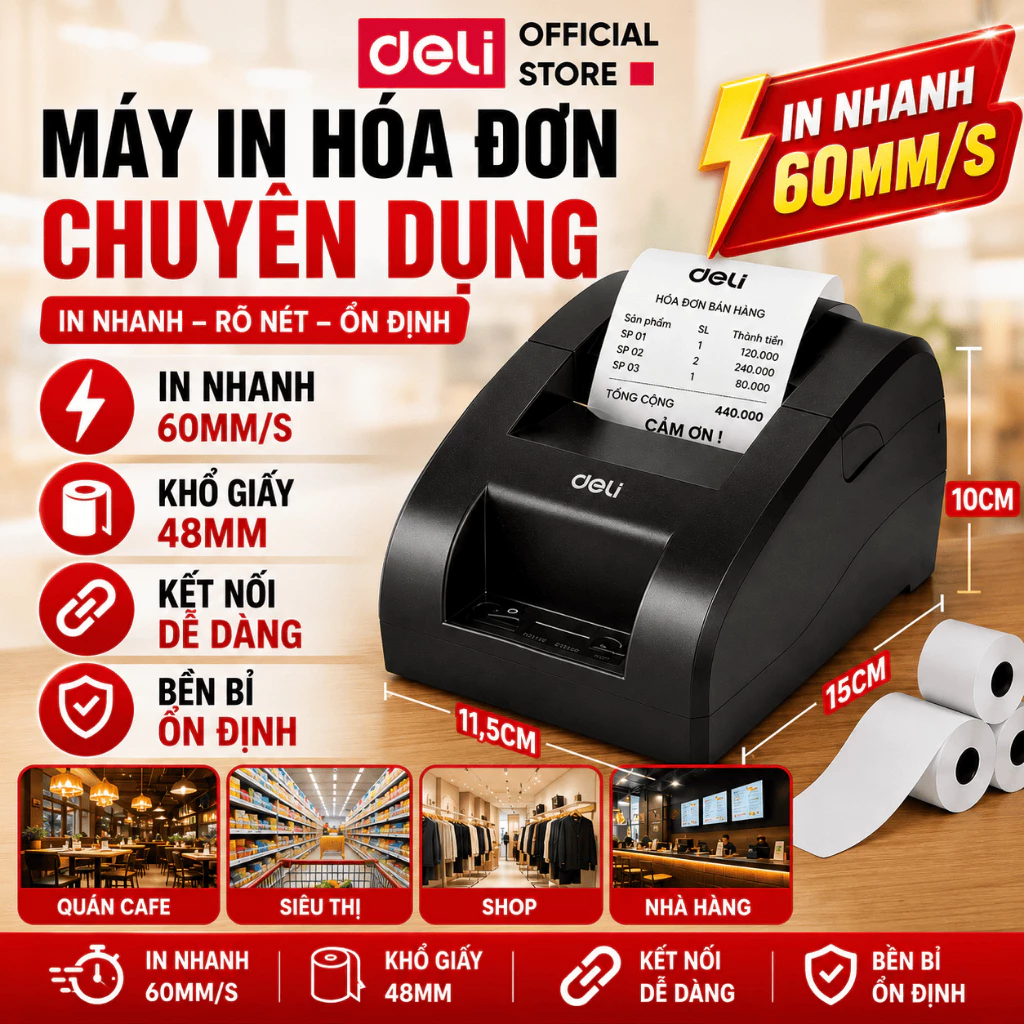 Máy In Hóa Đơn Bill Deli - Máy In Nhiệt USB, In QR Code, Barcode Cho Quán Cafe, Siêu Thị, Nhà Hàng