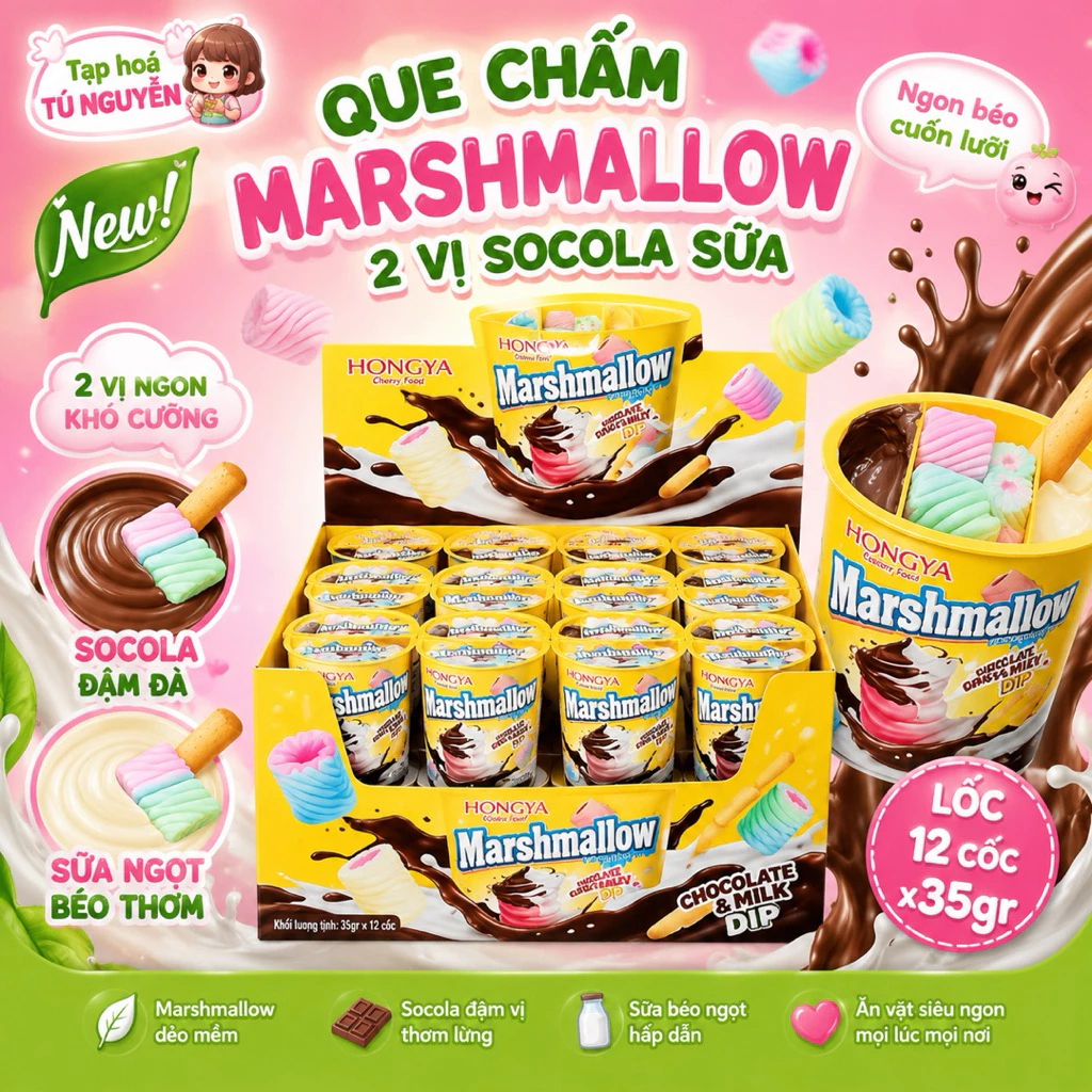 LỐC 12 HỦ BÁNH QUE CHẤM LỚN KẸO BÔNG MARSHM.ALLOW 2 VỊ SỐT KEM SOCOLA SỮA SIÊU NGON HOT ĂN VẶT