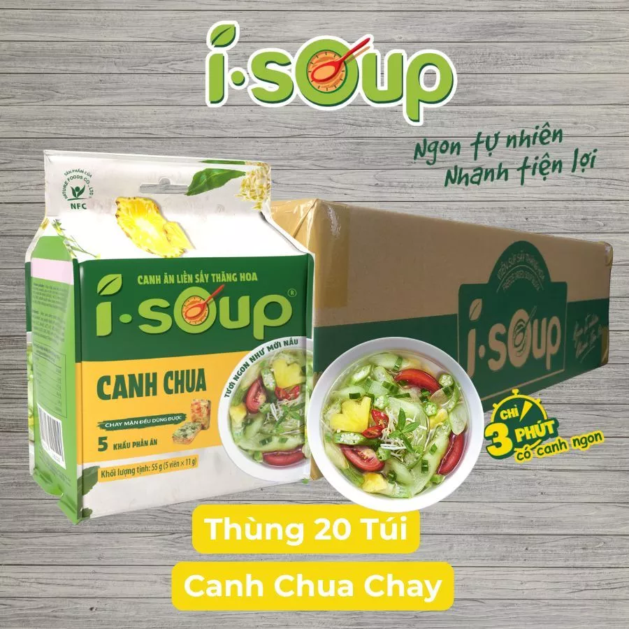 [1 thùng 20 túi] Viên Canh Ăn Liền Sấy Thăng Hoa Canh Chua Chay I-Soup 50g (túi 05 viên)