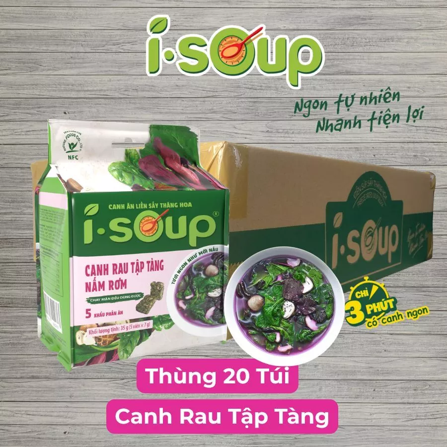 [1 thùng 20 túi] Viên Canh Ăn Liền Sấy Thăng Hoa Canh Rau Tập Tàng Nấm Rơm I-Soup 50g (túi 05 viên)