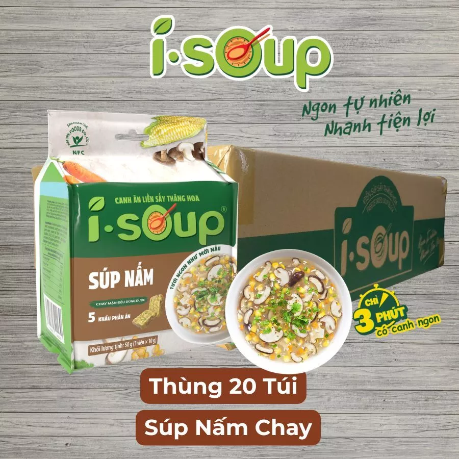 [1 thùng 20 túi] Viên Súp Sấy Thăng Hoa Nấm Chay I-Soup 50g (túi 05 viên)