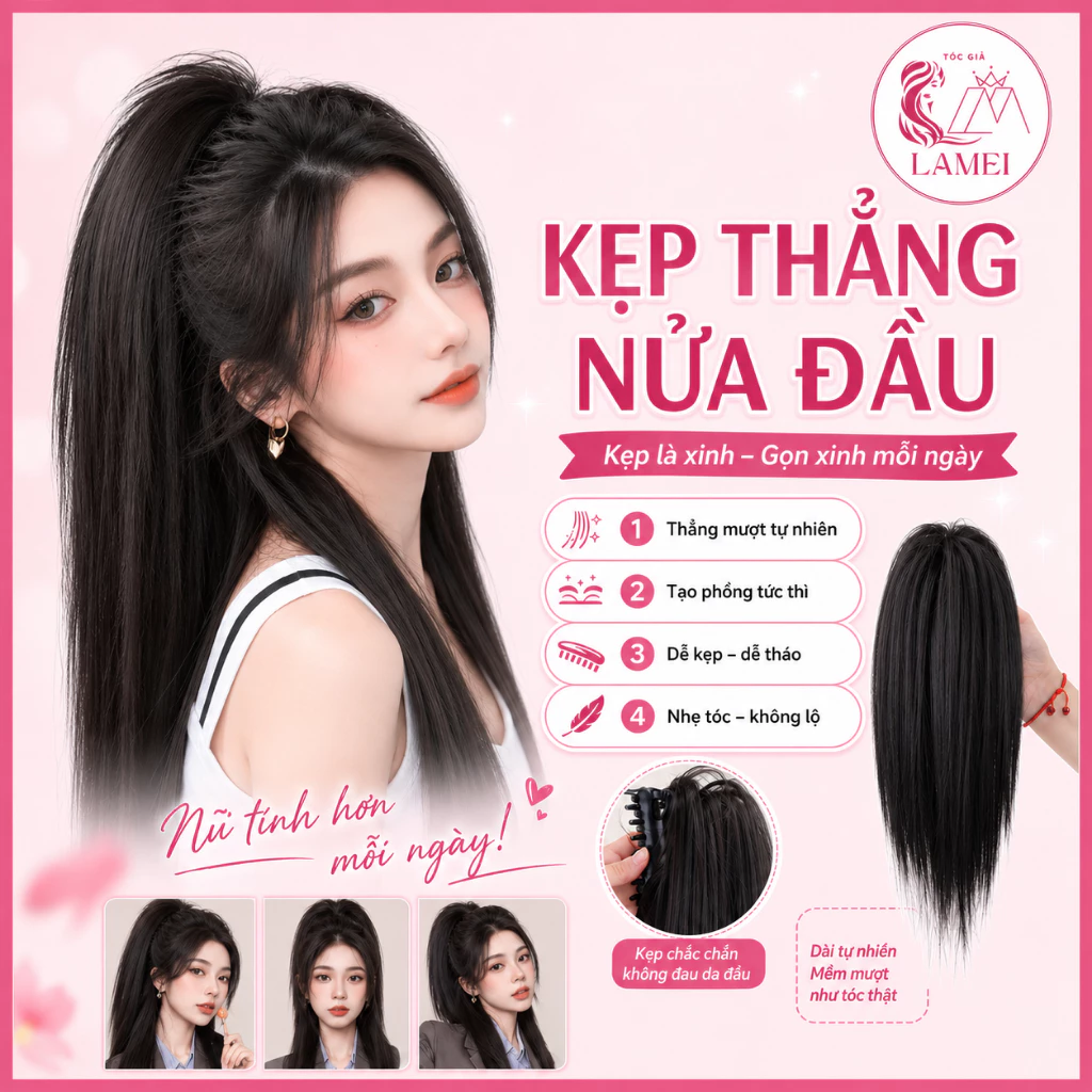 Kẹp Ngoạm nửa đầu Thẳng, Búi Kẹp Cao Thẳng phong cách Hàn Quốc Lamei