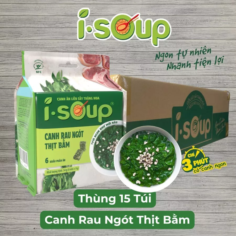 [1 thùng 15 túi] Viên Canh Ăn Liền Sấy Thăng Hoa Canh Rau Ngót Thịt Bằm I-Soup 42g (túi 06 viên)