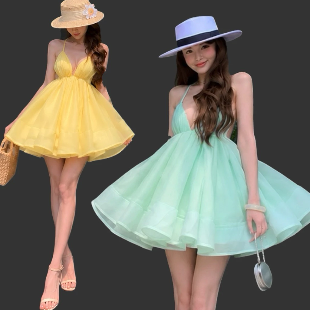 623 - Đầm Hai Dây Xoè Bồng Hở Lưng