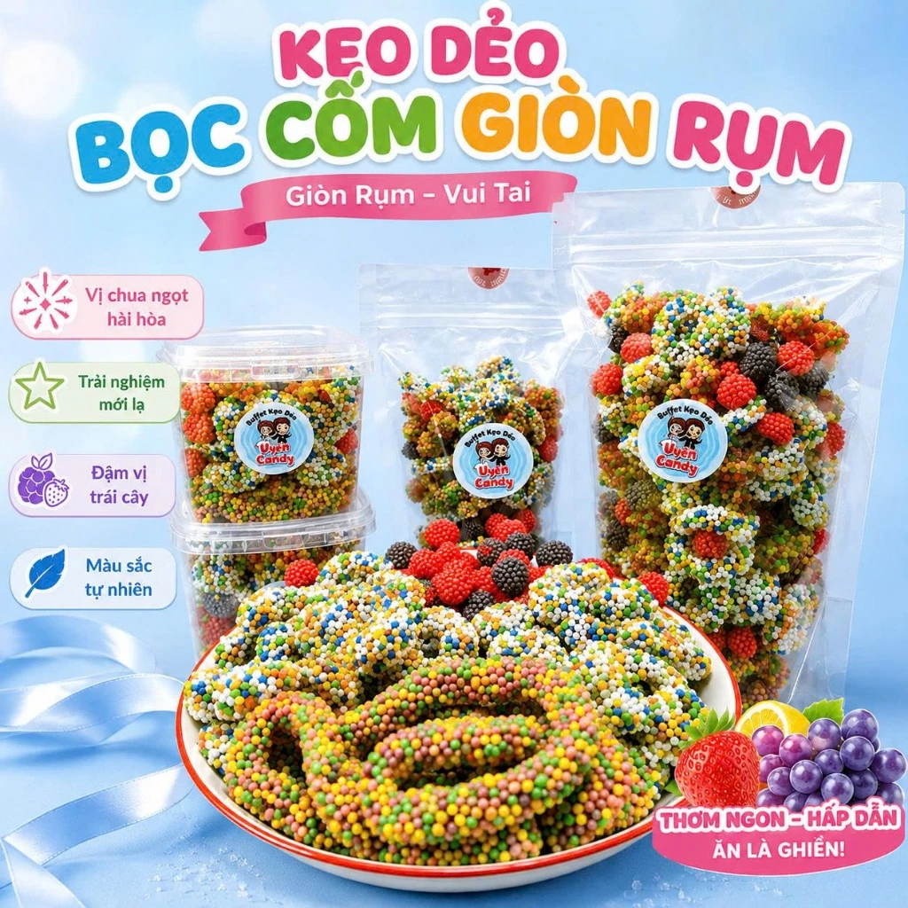Kẹo Dẻo Bọc Cốm Giòn Rụm - Vị Chua Nhẹ, Lớp Cốm Giòn Vị Ngọt, Kẹo Dẻo Mâm Xôi, Kẹo Bọc Cốm Cầu Vồng