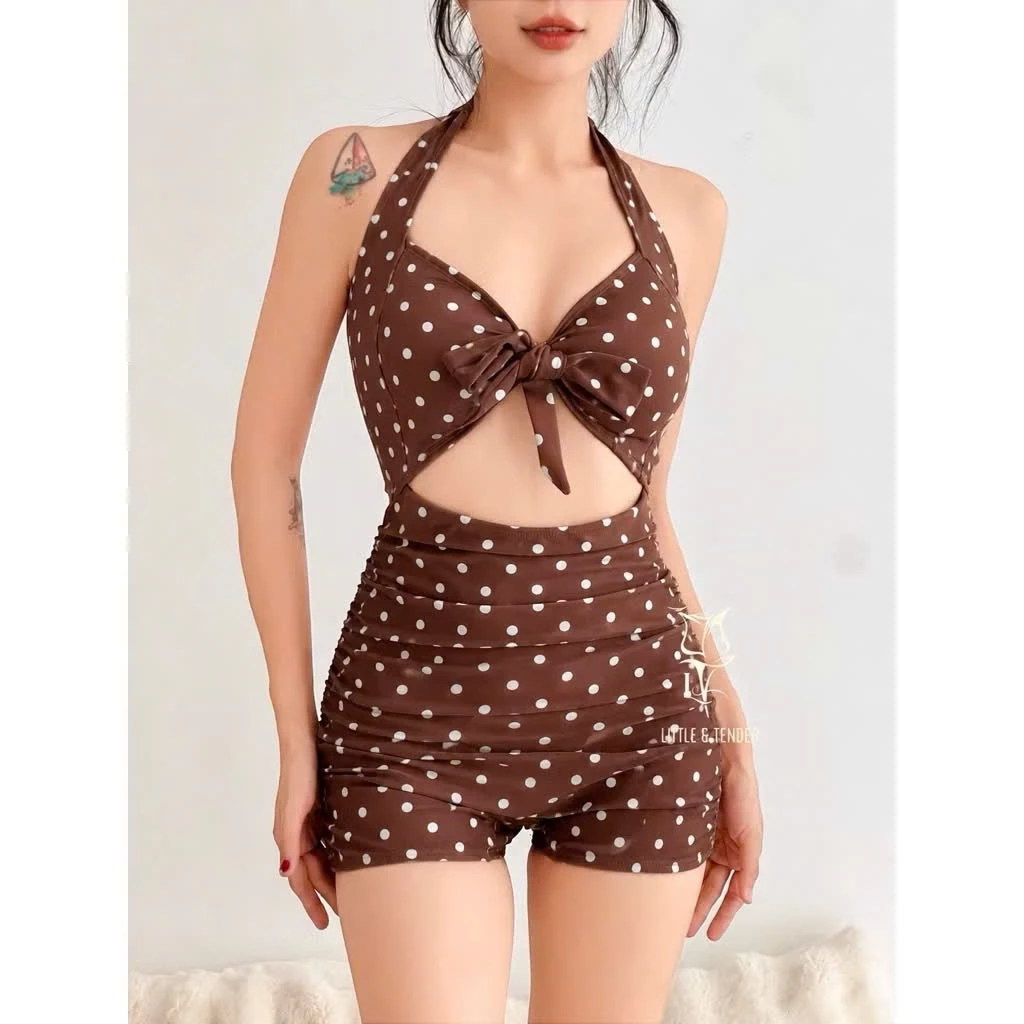 Bikini Đồ Bơi 1 Mảnh Dáng Đùi Cột Nơ, Hoạ Tiết Chấm Bi Nhiều Màu Sắc Lanbishop LB78