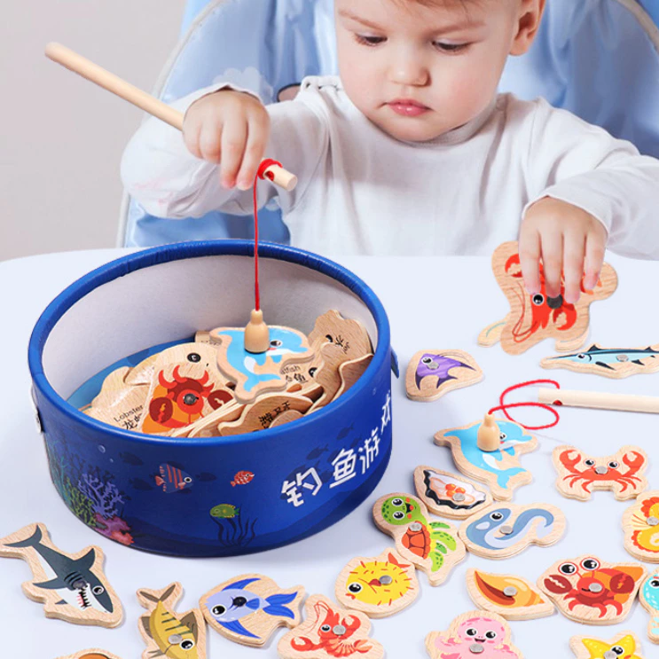 [Sale 50%]  Đồ Chơi - Câu Cá Nam Châm Bằng Gỗ - Gồm Hộp đựng, 2 Cần câu và các Thẻ cá tiếng Anh Happykids