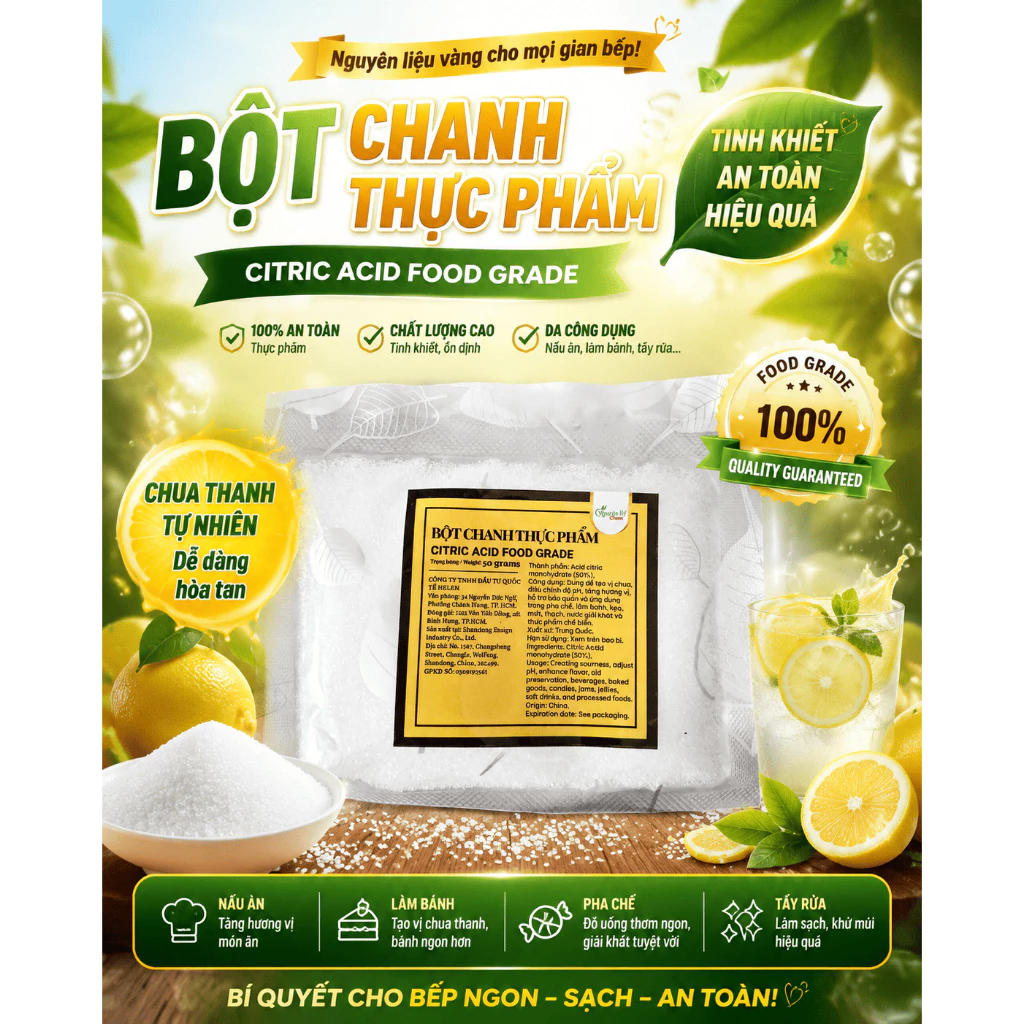 Acid Citric, bột chanh, chất tạo chua, dùng  bánh, kẹo, mứt, thạch, nước giải khát 50g / 100g