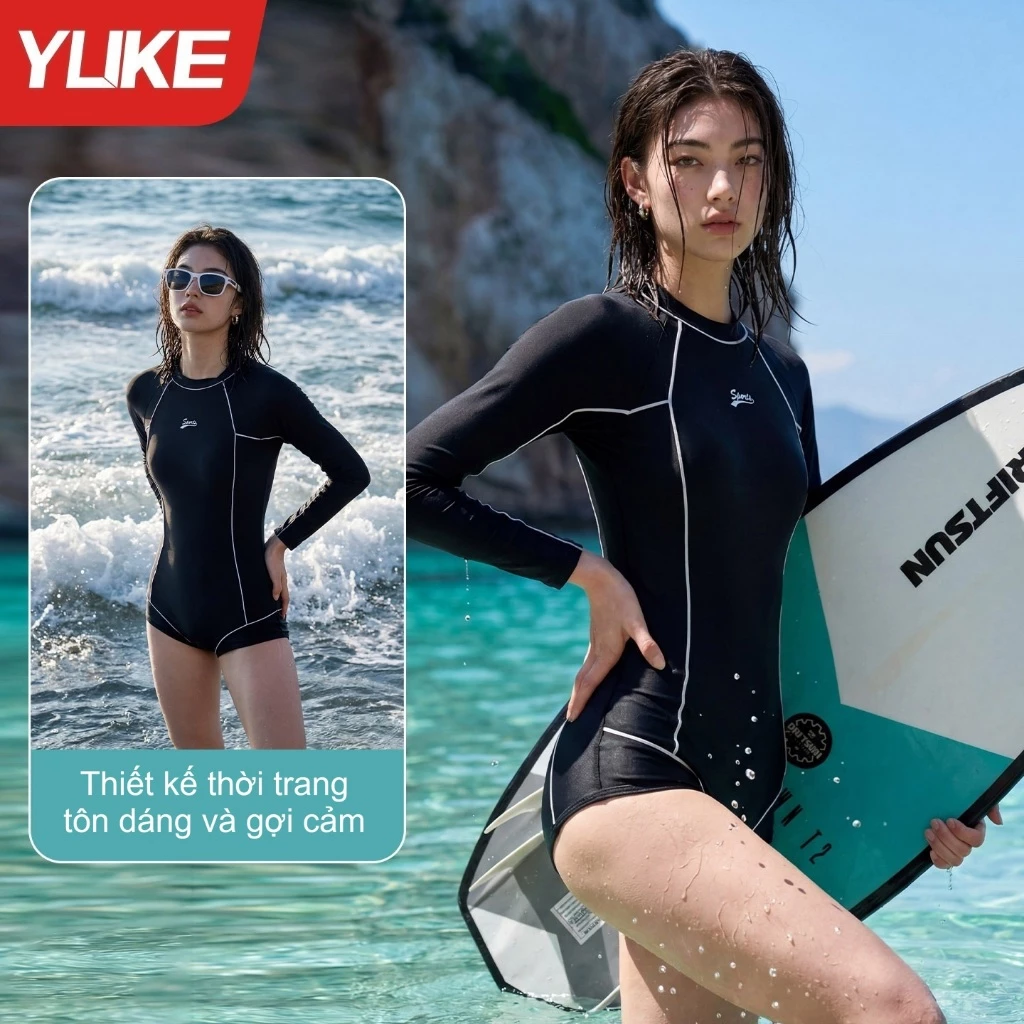 Đồ bơi nữ kín đáo 1 mảnh thể thao, Đồ bơi liền thân ôm body tôn dáng, quần đùi 2 lớp YUKE - 8627