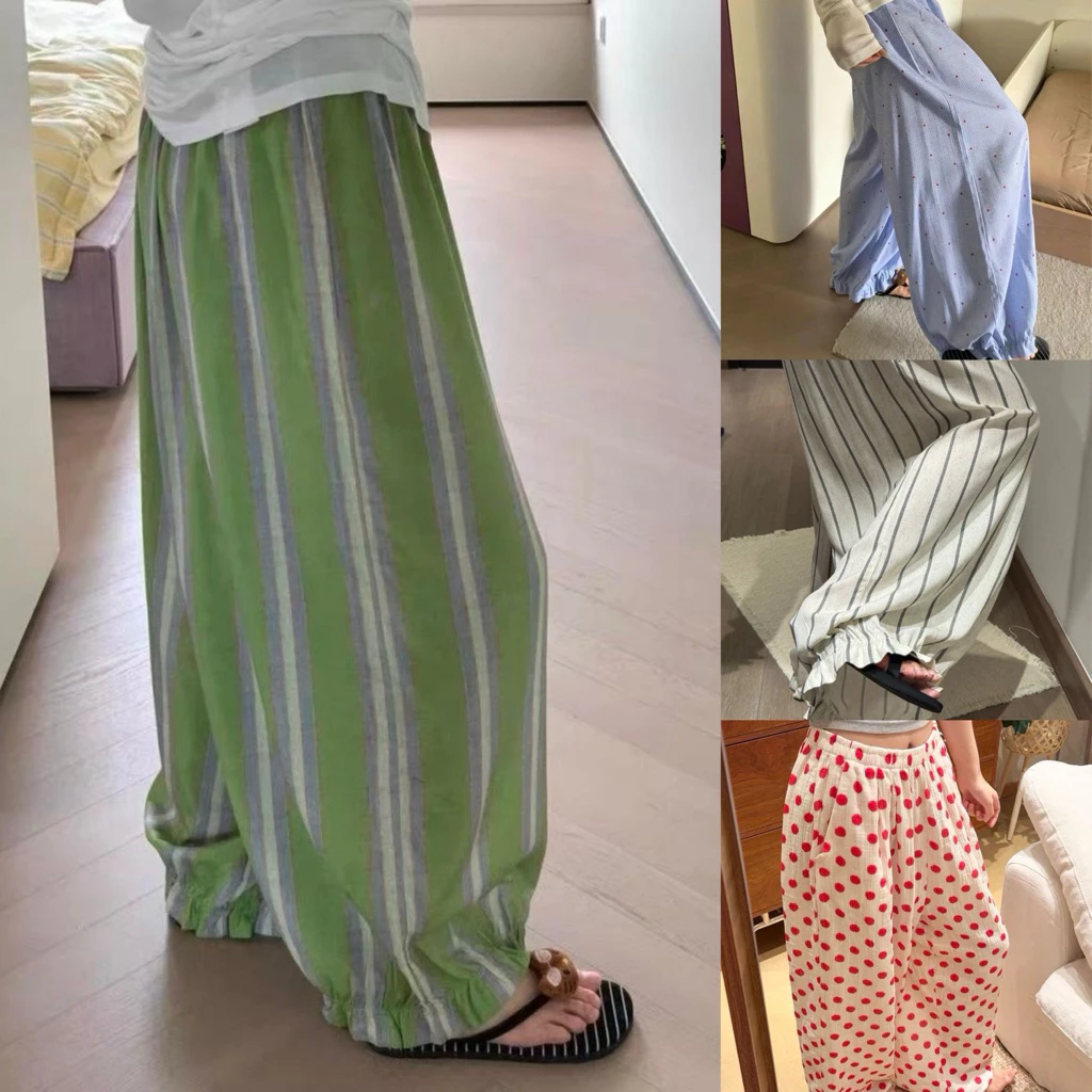 (sẵn búp bê)Quần vải dài ống to rộng màu xanh sọc bo gấu cạp chun chất thô mùa thu QV022 - Tiktik