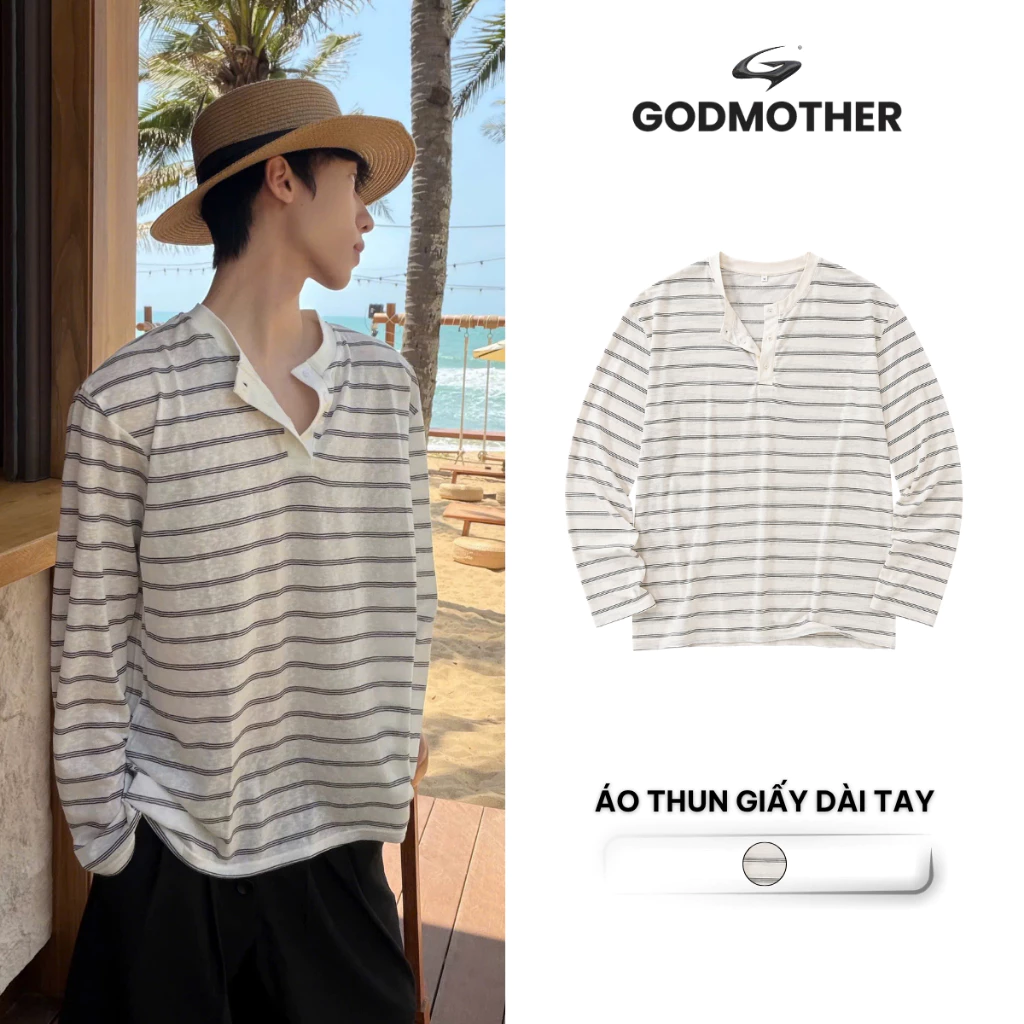 Áo Thun Giấy Dài Tay GODMOTHER Kẻ Ngang Form Rộng Chất Liệu Mỏng Nhẹ Thoáng Mát