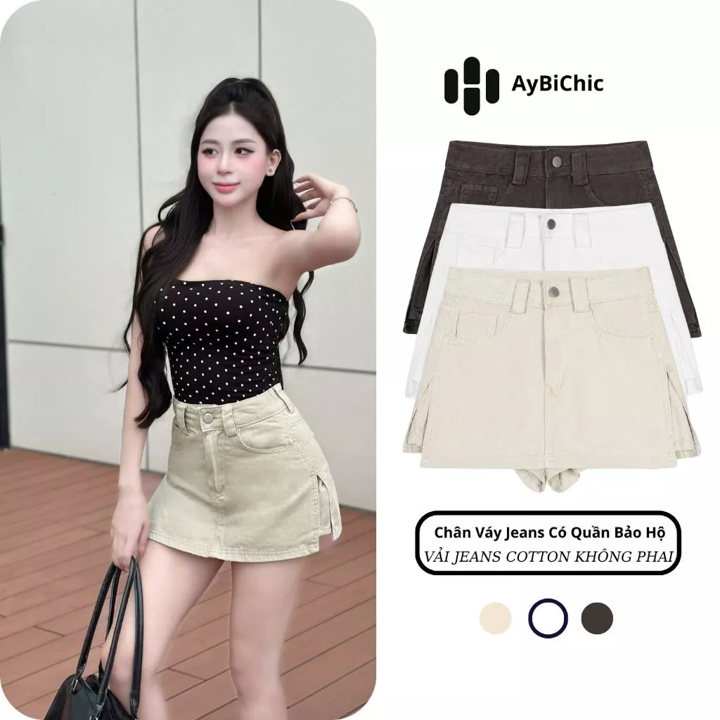 Chân Váy Jeans, KAKI Dáng A Có Quần Lót Trong Chất Vải Jeans Cotton Mềm Mịn Không Phai Màu Co Dãn Tự Nhiên AB 6612