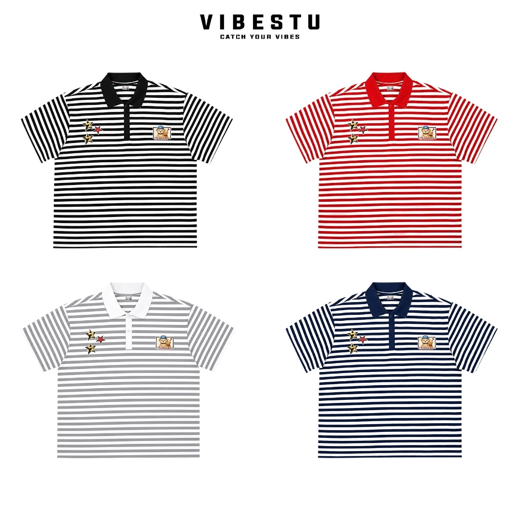 Áo Polo "Gấu Star" Sọc Ngang  Local Brand VIBESTU, Áo Polo Boxy Form Rộng Unisex 250Gsm Cotton