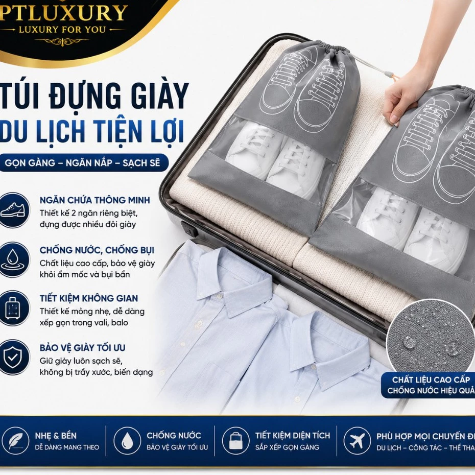 [ COMBO 10 CÁI ] Túi Đựng Giày Dép PTLUXURY Có Dây Treo Vali, Túi Bảo Quản Giày Dép Chống Bụi Bẩn Ẩm Mốc