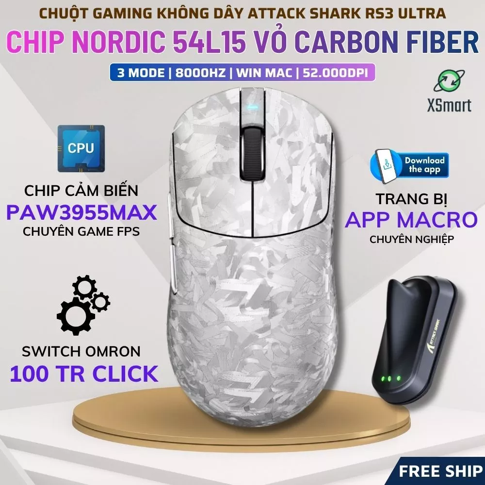 Chuột Không Dây Gaming Attack Shark RS3ULTRA Chip PAW3955MAX, Dongle 8K, Vỏ Carbon Fiber, Có App