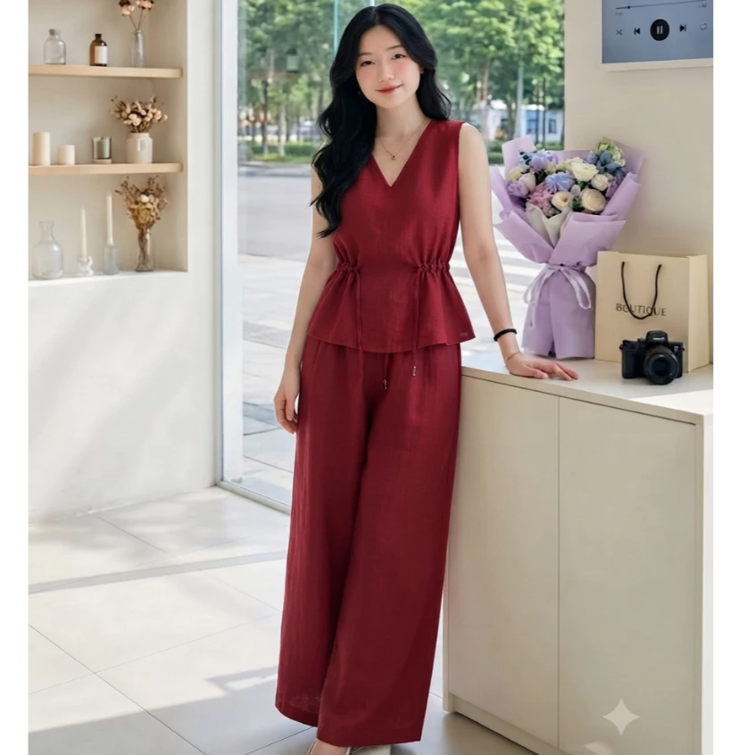 Set Bộ Nữ H6 Áo Cổ V Phối Nơ Quần Dài Ống Rộng - Bộ Đồ Chất Đũi Cao Cấp Mặc Nhà, Đi Chơi Sang Trọng