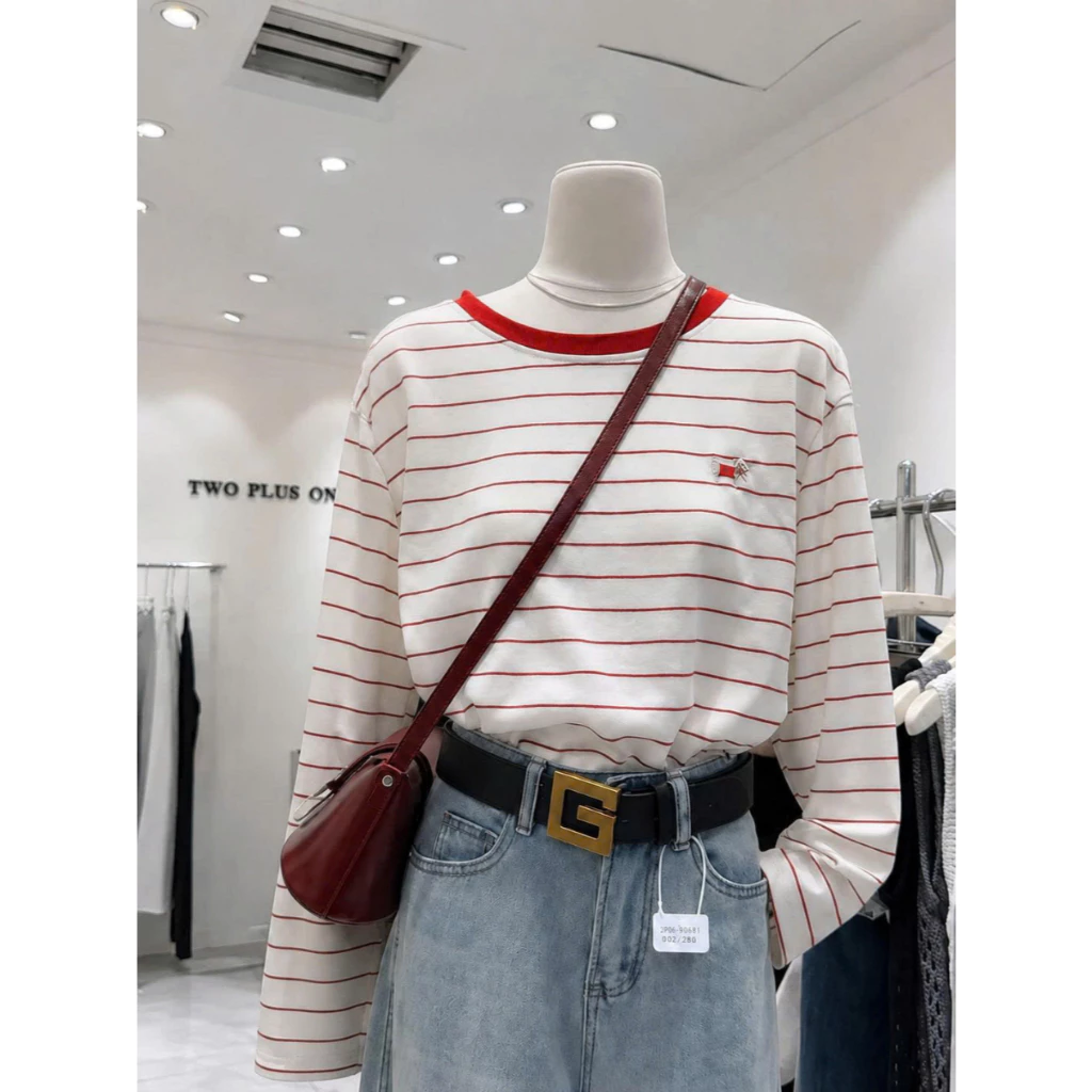 Áo thun tay dài nữ  kẻ sọc thun giấy form rộng menina_studio, áo thun nữ tay dài sọc ngang vải cotton dày dặn